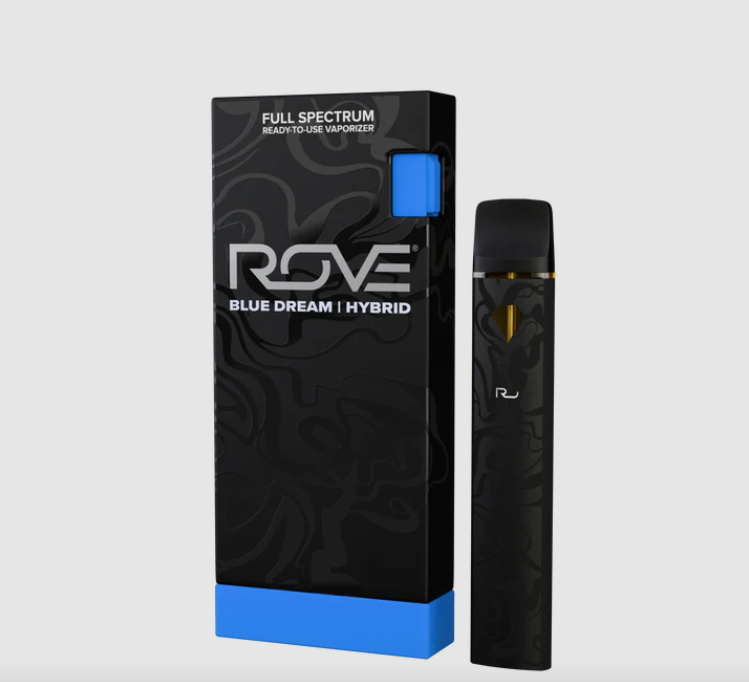 Rove Blue Dream hybrid 1G disposable vape and its black box with a blue base, available in Rove disposables bulk cases