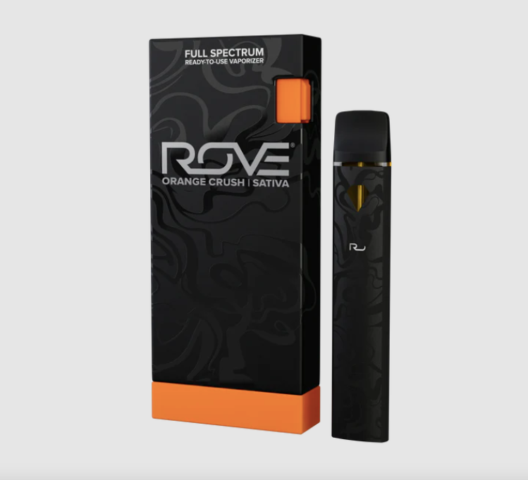Rove Orange Crush sativa 1G disposable device beside its black box with an orange base, a strain in the Rove disposables bulk range