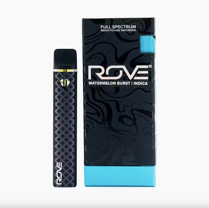 Rove Watermelon Burst indica 1G disposable with a diamond emblem next to its blue based black box, part of the bulk disposables lineup