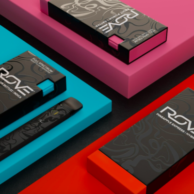 Three Rove 1G disposable vape boxes in black with teal, pink and red plinths plus one unboxed device, shown as a Rove disposables bulk multi unit set