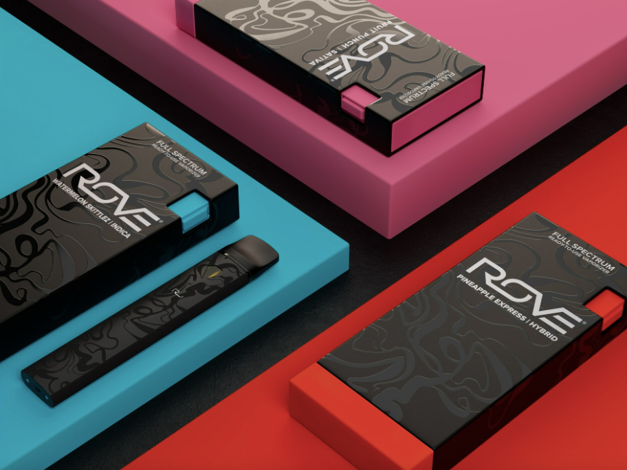 Three Rove 1G disposable vape boxes in black with teal, pink and red plinths plus one unboxed device, shown as a Rove disposables bulk multi unit set